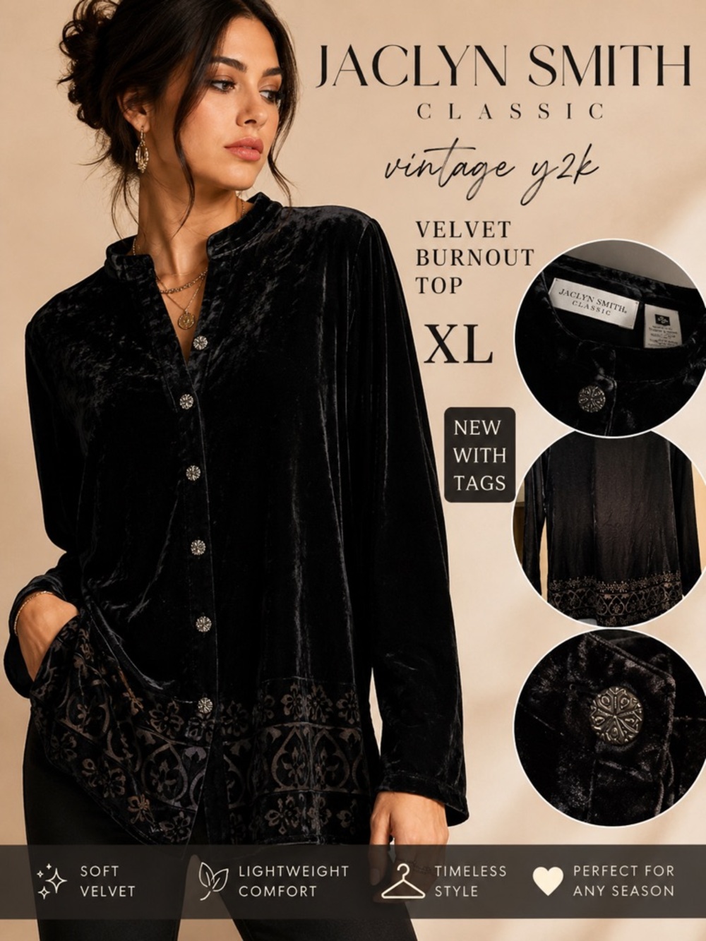 ✨ Vintage Y2K Jaclyn Smith Classic Black Velvet Burnout Button Front‎ Top XL NWT